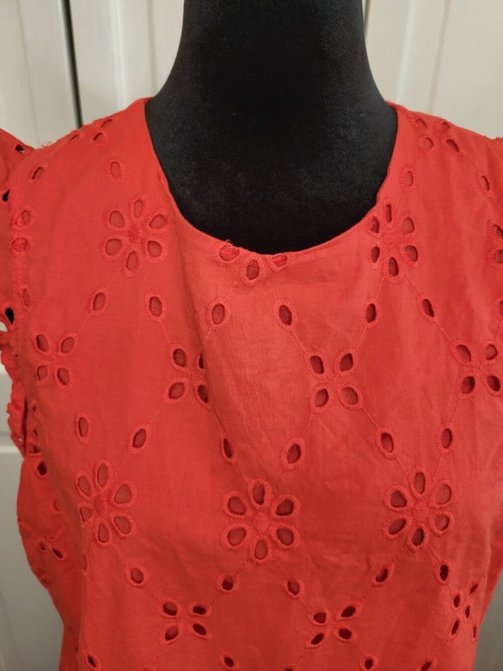 J Crew Red Eyelet Blouse Flutter Sleeve L Preppy Coastal Summer July 4th Brunch